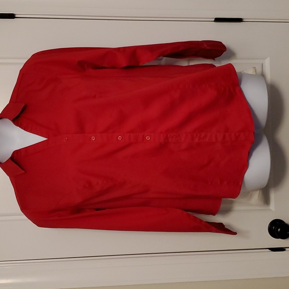 Red v neck button up blouse